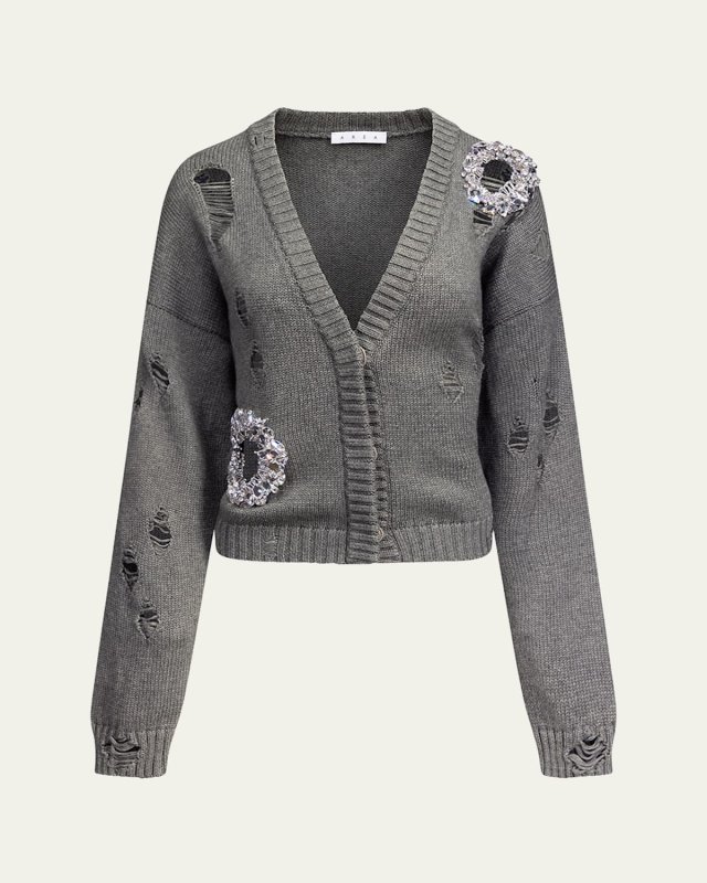 Distressed Crystal V-Neck Cardigan